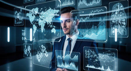 Portrait of young businessman with arms crossed on chest against digital interfaceの素材