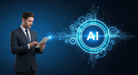 Businessman holding tablet with AI abbreviation, modern technology solution conceptの素材