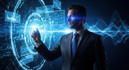 Businessman using digital hologram screen. Internet and technology conceptの素材