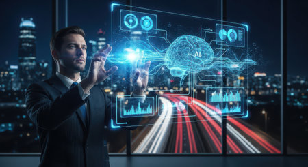 Businessman working with virtual panel and light trails on night city backgroundの素材