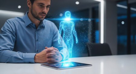 Businessman using tablet with hologram human body in office 3D renderingの素材