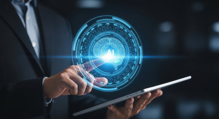 Businessman using digital hologram screen. Internet and technology concept.の素材