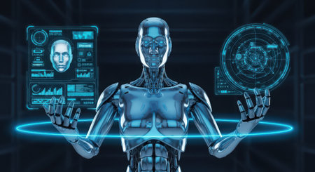 Robot humanoid using hologram screen in dark room 3D renderingの素材