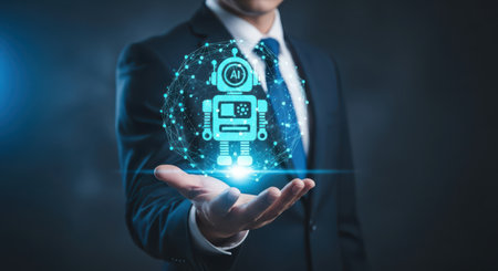 Businessman on blurred background using hologram artificial intelligence interface 3D renderingの素材