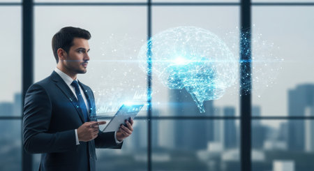 Businessman using tablet with digital brain hologram over office window backgroundの素材