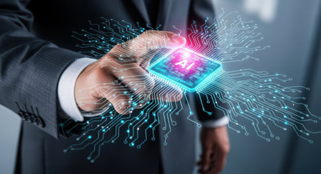 Businessman on blurred background using digital artificial intelligence interface 3D renderingの素材