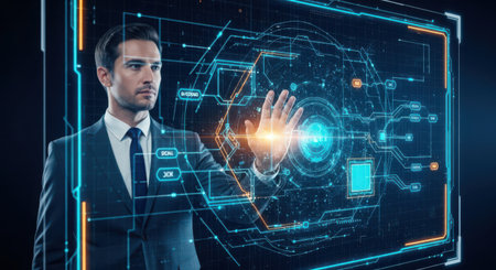 Handsome businessman touching hologram screen. Technology concept. Double exposureの素材