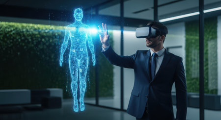 Businessman wearing virtual reality goggles and touching hologram human body 3D renderingの素材