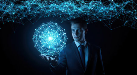 Businessman holding global network connection hologram. 3D rendering.の素材