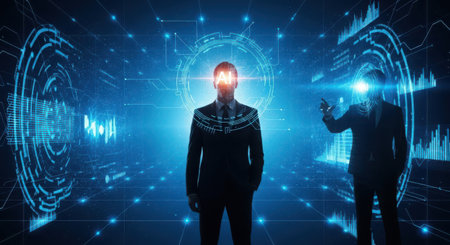 Businessman using virtual reality headset against blue background with binary code 3D renderingの素材