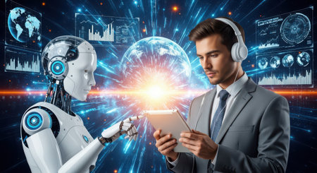 Businessman and robot using tablet with digital hologram. 3D renderingの素材