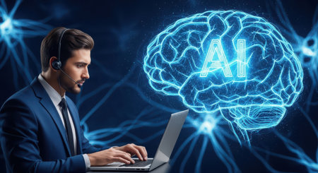 Handsome man in suit using laptop with artificial intelligence hologram on blue backgroundの素材