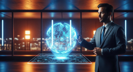 Handsome young businessman working with abstract digital planet hologram. Technology concept. 3D Renderingの素材