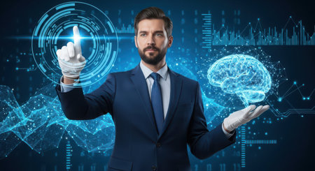 Business, Technology, Internet and network concept. Young businessman working on a virtual screen of the futureの素材