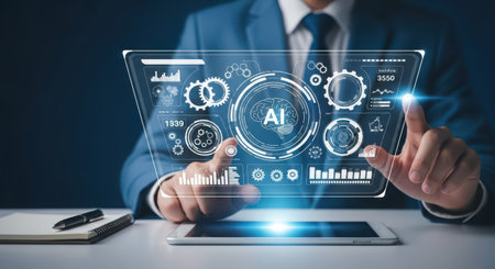 Businessman on blurred background using digital interface with icons 3D renderingの素材