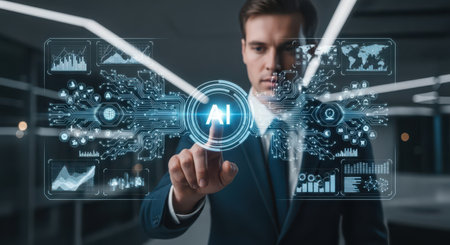 Businessman pressing high tech type of modern buttons on a virtual backgroundの素材