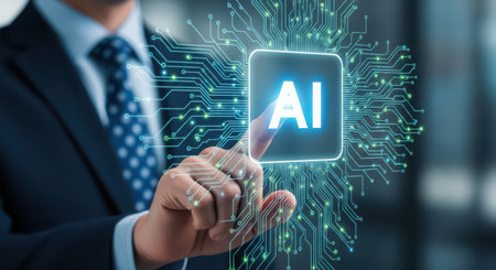 Businessman on blurred background touching artificial intelligence icon with his finger 3D renderingの素材