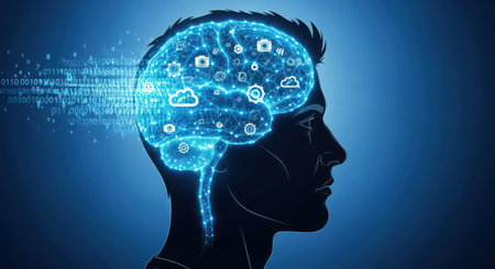 Conceptual background image with digital human brain on blue backdrop. 3d renderingの素材