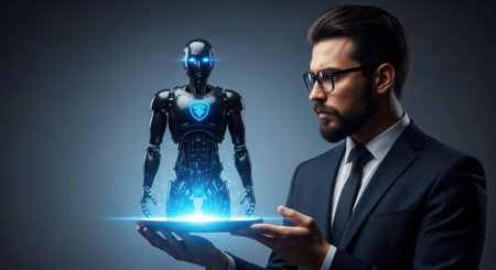 Businessman holding tablet with futuristic robot hologram. 3D renderingの素材