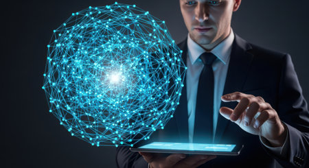 Technology and innovation concept. Businessman using tablet with hologram sphereの素材