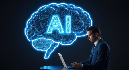 Businessman working with laptop and artificial intelligence hologram. Artificial intelligence concept.の素材