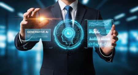 Businessman on blurred background using digital artificial intelligence interface 3D renderingの素材