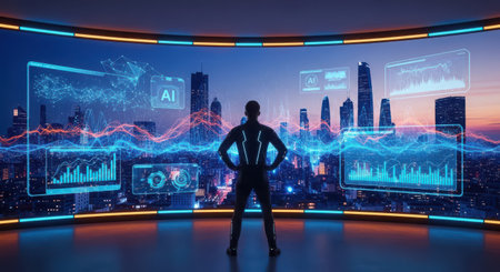 View of a Businessman looking at a futuristic interface with a stock exchange graphicの素材