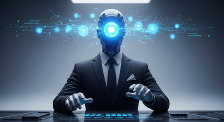 Cyborg hacker stealing information from laptop. 3D rendering toned image double exposureの素材