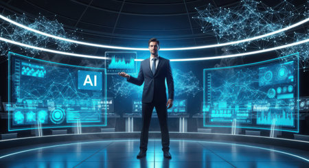 View of a Businessman in front of a futuristic interface - 3d renderingの素材