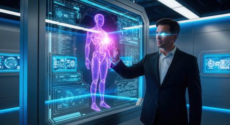 Businessman touching digital x-ray hologram screen 3D renderingの素材