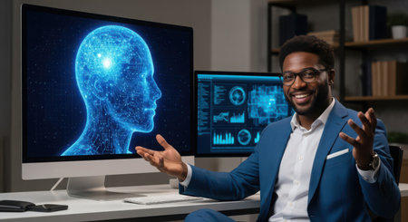 Portrait of happy african american businessman in eyeglasses looking at computer with brain hologramの素材