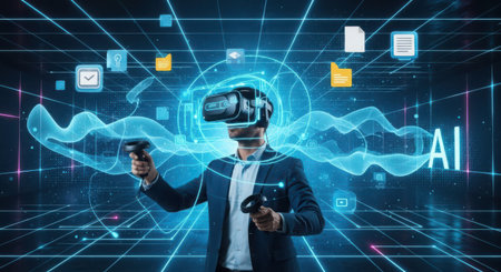 Businessman using VR headset with digital media interface on dark background 3D renderingの素材