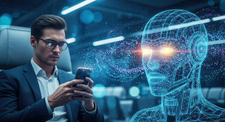 Young businessman using smartphone in office interior with double exposure of artificial intelligence hologram. Toned imageの素材