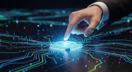 Close up of human hand touching circuit board on dark background 3D renderingの素材