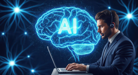 Side view of young Caucasian businessman in headset working on laptop with glowing AI hologram on blue background. Artificial intelligence conceptの素材