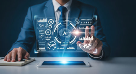 Businessman on blurred background using digital tablet with artificial intelligence interface 3D renderingの素材