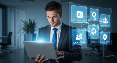 Businessman using laptop in modern office with virtual icons 3D renderingの素材