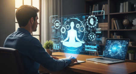 Businessman working with new modern computer and meditating in office. Toned image double exposureの素材