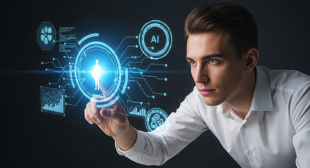 Businessman on dark background using holographic projection of human body 3D renderingの素材