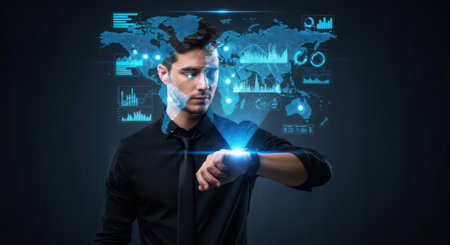 Businessman pressing high tech type of modern buttons on a virtual backgroundの素材