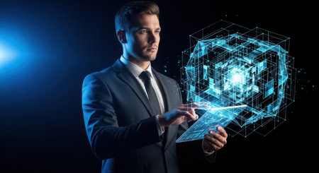 Businessman holding tablet with hologram cube on dark background. 3D renderingの素材