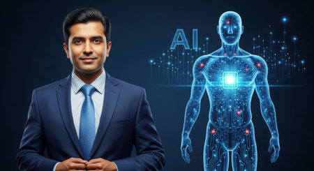 businessman with artificial intelligence hologram on blue background, artificial intelligence conceptの素材