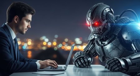 Cyborg man working in modern office. Mixed media. Mixed mediaの素材