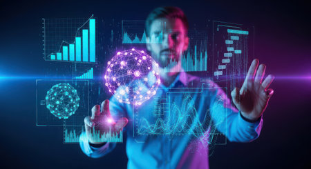 Businessman pressing high tech type of modern buttons on a virtual backgroundの素材