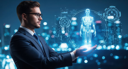 Young businessman in suit holding hologram of human body. Future technology and AI concept. Double exposureの素材