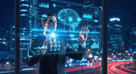 Rear view of businessman working with virtual panel and Earth planet hologramの素材