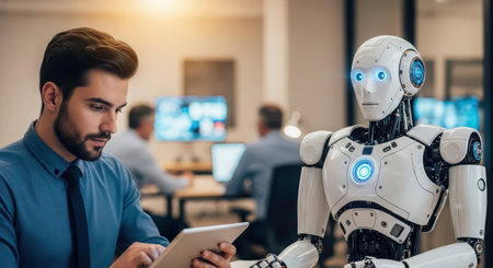 Serious young man using digital tablet while sitting in front of robotの素材