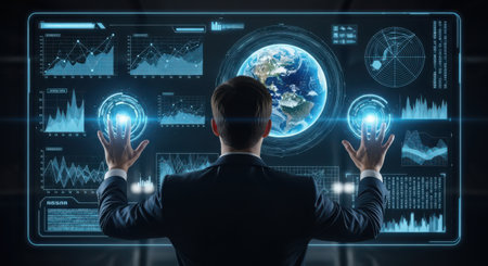 Rear view of businessman working with virtual panel and Earth planet hologramの素材