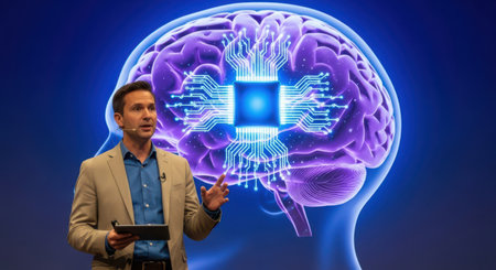 Businessman in front of a digital brain interface. 3D renderingの素材
