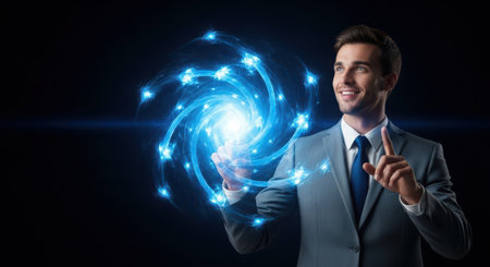 Businessman in blue suit touching digital hologram screen with his fingerの素材